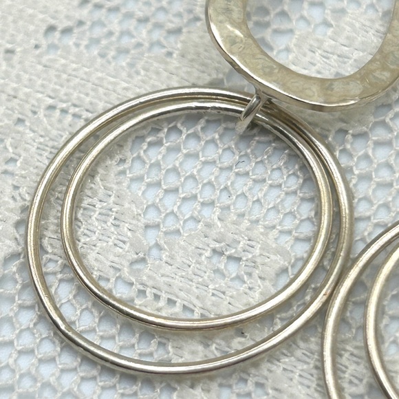 925 Sterling Silver Hammered Circle Double Dangle Earrings - Picture 6 of 13